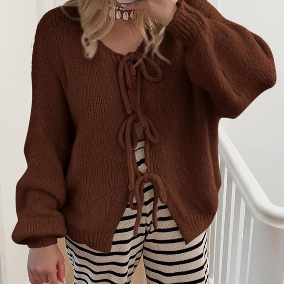 Women's Tie Front Bow Cardigan Sweaters Chunky Knit Long Puff Sleeve Trendy Fall - Picture 5 of 8